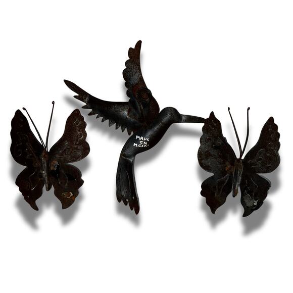 Made in Mexico Metal Wall Art | Hummingbird & Butterfly Trio | Rustic Garden - Picture 3 of 11